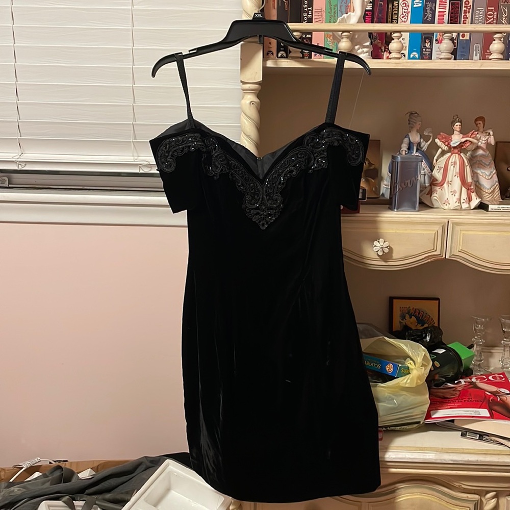 Rampage 80s black velvet off the shoulder dress
